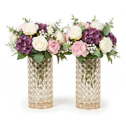 LoveCat Gold Crystal Candle Holders - Hollow Bling Crystal Vases, 10.4 Tall Cylinder Vases for Centerpieces, Elegant Metal Hurricane Candlestick Holders for Event Party Wedding Home Decor (2pcs)