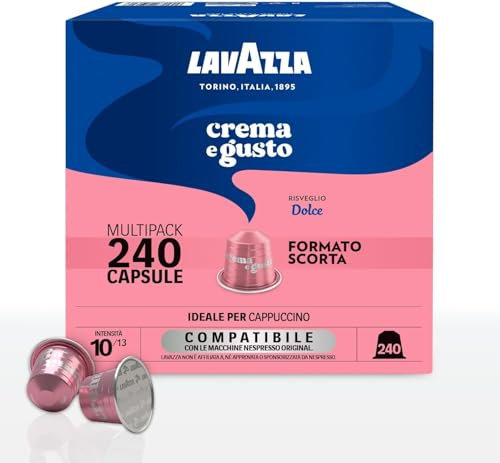 Lavazza, Crema e Gusto Dolce, 240 Capsule di Caffè in Alluminio Compatibili con Macchine Nespresso* Original, Note Aromatiche di Frutta Secca, Arabica e Robusta, Intensità 10, Tostatura Media, 3 Pack
