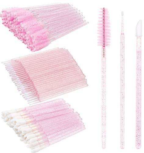 200Pcs Eyelash Extension Supplies Kit,Disposable Lash Spoolies Brushes Micro Swab Brushes Mascara Wand Lip Brushes for Eyelash Extension Tattoo Lipstick Applicator (Crystal Pink)