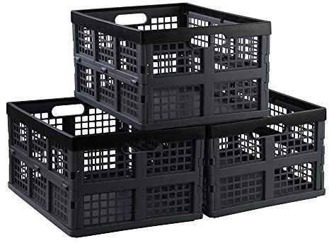 Annkky 34 Liters Collapsible Crate, Plastic Folding Storage Crate Basket Set of 3