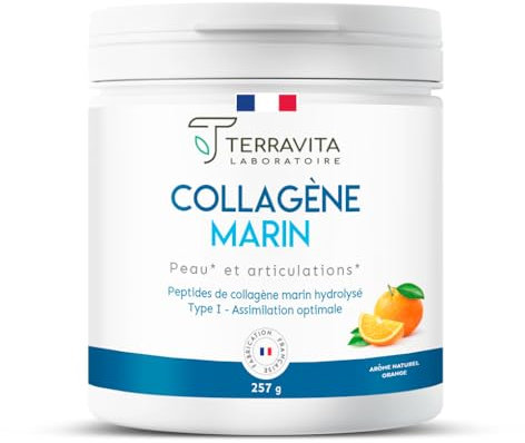 COLLAGÈNE MARIN Breveté en Poudre | 257 Grammes de Peptides de Collagène Purs de Type 1 | Articulations Souples, Peau Lisse et Hydratée | Goût Orange | Filière 100% Française | Terravita