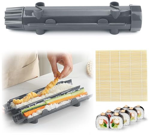 CHRI Sushi Maker Bazooka,Sushi Set zum Selber Machen, Sushi Roller Maker Sushimaker Bazooka und Bambusmatte for Anfänger (Grau)