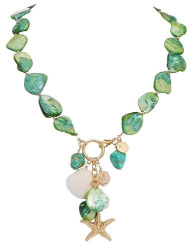 Firstmeet Natural Freshwater Shell Choker With Pearl Starfish Turquoise Pendant Irregular Mother of Pearl Necklaces for Women(XL-1222-Green)
