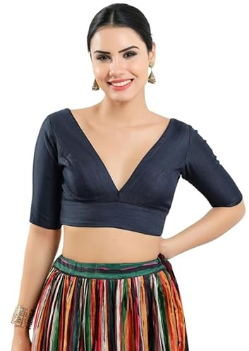 Dupion Silk Solid Non Padded Saree Blouse Top V-Neck Short Sleeves Hook and Eye Closure and Tie-Up Back Choli Navy Blue