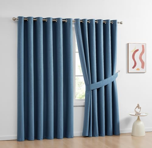 PRIME LINENS Blackout Curtain for Bedroom Soft Thermal Insulated Heavy Curtains Eyelet Ring Top Readymade Blackout Living Room Curtain Pair Panels with Tiebacks (Blue, W 90 x L 108)
