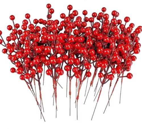 10 Packs Artificial Red Berry Stems Branches Red Artificial Berry Stems Holly Berries Tree Decorations Wreath Garland Ornaments for Festival Holiday Home Decor Festive Party Floral Arrangements
