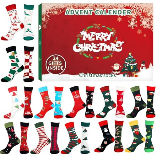 24 Tage der Socken - Neuheit Socken für Wochentage | 24 Tage Rückwärtszählung | 24 Tage Adventssocken mit verschiedenen Weihnachtsmotiven für Erwachsene, Kinder, und Mädchen