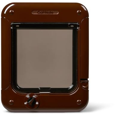 Cat Mate Puerta giratoria con 4 formas de bloqueo para gatos (358) - Puerta con bloqueo versátil para gatos pequeños a medianos, para acristalamiento simple/múltiple, UPVC, pared y madera, marrón
