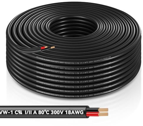 WOOWAIR 18Awg Fil Électrique 15m, 2x0,75mm² Cable Electrique 2 Fils Noir/Rouge, Noyau De Cuivre, Haute Résistance à La Température, 5V/12V/24V, Câble d'Extension Pour Éclairage LED Voiture