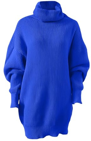 Damen-Pullover, Rollkragenpullover, langärmelig, Strickpullover mit großen Taschen, lange Oberteile, übergroße Tunika-Kleidung für Herbst und Winter, blau, L