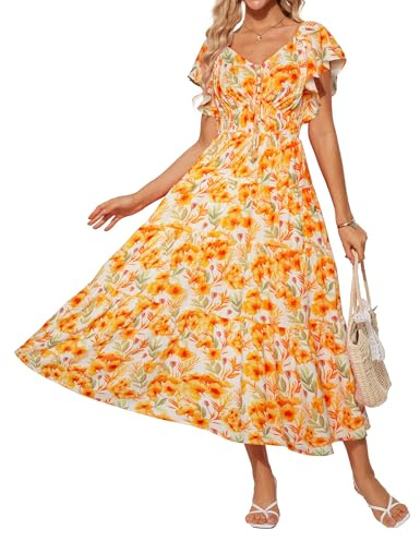 GRACE KARIN Women Elegant Summer Floral Dress Maxi Dress Ruffle Sleeve V Neck Sundress
