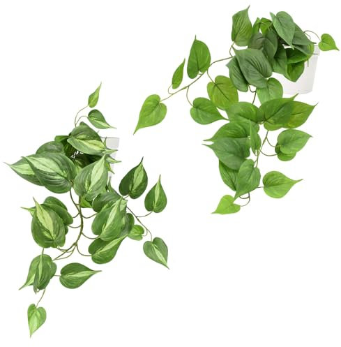 Surplex Paquete de 2 macetas de hiedra artificial en cerámica blanca para interiores, plantas falsas de plástico en macetas, planta realista para oficina, mesa, escritorio, estante, decoración del