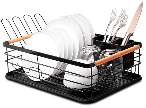 Marctani Escurreplatos de Acero Inoxidable - Escurridor de Platos de Alta Capacidad - Estante de Secado de Metal con Soporte para Cubiertos Extraible y Caño de Drenaje Giratorio 360º (Vintage Negro)