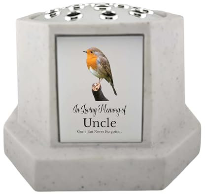 In Loving Memory Of Memorial Octagon Rose Bowl Grave Marker Flower Pot Vase With Robin Design Mum Dad & Lots More White/Silver (UV PRINTED) (Uncle)