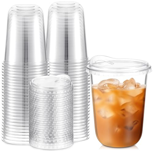 Baderke 50 Pcs Round Bottom Plastic Cups with Sip Lids Clear Disposable Iced Coffee Cups for Smoothie Cold Beverage Coffee Shops and Party Catering(16 oz,Clear)