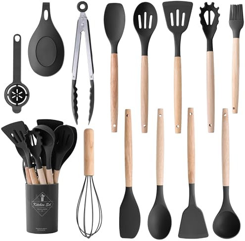 14-Piece Silicone Cooking Utensils Set - Heat Resistant up to 446°F, Turner, Tongs, Spatula, Spoon, Brush, Whisk, Wooden Handles Kitchen Gadgets and Tools for Nonstick Cookware (Gray)