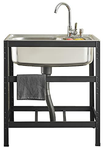 Fregadero de cocina portátil de acero inoxidable con grifo frío y caliente, fregadero de servicio independiente con escurridor, color negro, 60 x 44 x 75 cm, ideal para uso doméstico y comercial