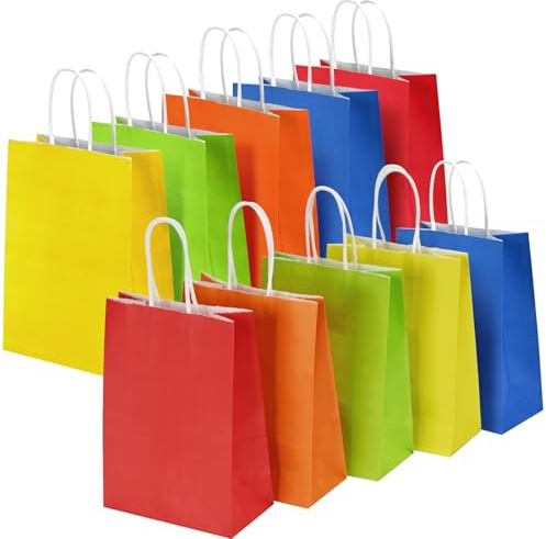 10 Pcs Paper Party Bags with Handles, Rainbow Color Goodie Gift Bags for Christmas, Favor, Birthday, Wedding, Events, Classrooms, Celebrations（21 x 15 x 8 cm）