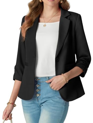 GRECERELLE Womens Blazer 3/4 Ruched Sleeves Ladies Formal Jackets Casual Elegant Work Blazers Office Outerwear for Women UK 8-20 with Buttons, Pockets
