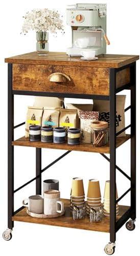 IBUYKE Scaffale da forno per cucina con cassetti, supporto per forno a microonde a 3 livelli con contenitore, tavolo da bar per caffè con ruote, ripiano regolabile, montaggio semplice, marrone rustico