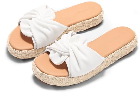 Coutgo Womens Platform Espadrilles Sandals Twist Open Toe Slip On Slides Summer Beach Shoes, White, Size 8