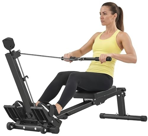 SPORTNOW Máquina de remo para casa, máquina de remo compacta silenciosa con resistencia elástica, monitor LCD, asiento acolchado, para entrenamiento de todo el cuerpo, capacidad 150 kg, ahorra espacio