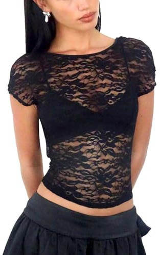 UJBVCX Haut en Maille Top Dos Nu Y2K Backless Top Haut Court Hauts Transparent Sexy en Dentelle Top