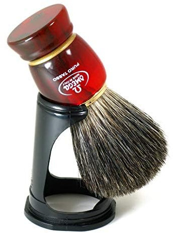 Omega Rasierpinsel in schwarzem Dachs mit Harzgriff und Ständer.