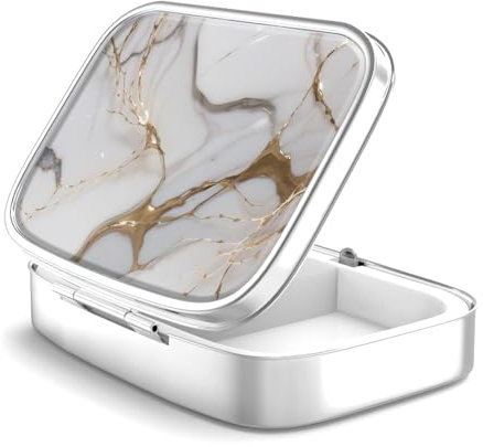 Pillendose 2 Fach Medizin Pillendose, tragbare Pillendose für Tasche oder Geldbörse Pillendose Dekorativer Metall-Medizin-Vitamin-Organizer Einzigartiges Geschenk (10-graues Marmorier-Gold), 1 Piece)