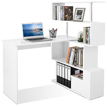 Mondeer Computertisch L-Förmig, Eckschreibtisch, mit 360 Grad Drehbarem Bücherregal für Arbeitszimmer Wohnzimmer Büro 157 x 45 x 130,5 cm, Weiß