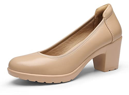 DREAM PAIRS Womens Edena Chunky Closed Toe Low Block Heels Work Pumps Comfortable Round Toe Dress Wedding Shoes SDPU2230W,Size 6,Nude,SDPU2230W
