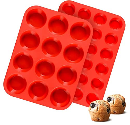 Silicone Muffin Pan, Mini Muffin Pan, Regular 12 Cups and Mini 24 Cups Cupcake Tin Set of 2 for Baking Egg Bites