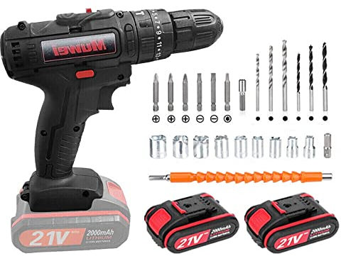 Cordless Drill Driver, 21V Electric Hammer Drill Screwdriver Kit with 25+1 Torque, 2 Speed with 2 Batteries 2.0Ah, LED Light for Home and Garden DIY Project (Black)