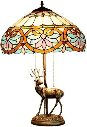 GAUUA Tiffany Style Table Lamp Glass Painting Next To Desk Lamps 23 Inches High 2 Light Train Chain Baroque Lampshade