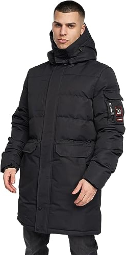 Crosshatch Mens Longline Heavy Coat Hooded Parka Padded Fleece Lined Puffer Warm Winter Bubble Jacket, Black - Malwaka, XXL