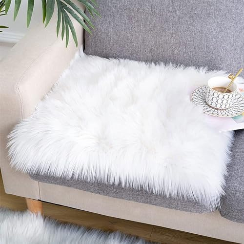 ZuTKekon Faux Fur Sheepskin Square Chair Cover Seat Cushion Pad, 24*24 Luxurious Wool Area Rugs Fluffy Floor Mat for Living Sofa, Photographing Background Office Home Decor Carpet (White)