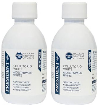 President KIT 2 COLLUTORIO WHITE ad azione sbiancante professionale. Denti più bianchi, efficace azione antibatterica, antiplacca e antitartaro. Gusto menta, rinfrescante antialitosi. 2X200ml