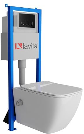 Lavita LAV 101 Vorwandelement für WC 40cm + Wand Hänge Tiefspül WC PARANA Weiß Spülrandlos + Bedienplatte LAV 200.3.4 Schwarz | Komplettset | Unterputz Spülkasten | Toilette Komplett Sett