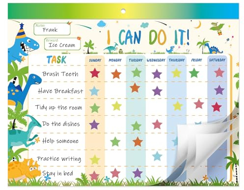 WERNNSAI Reward Chart for Kids - 26 PCS Visual Timetable Magnetic Behavior Chart for Children Dinosaur Daily Routine Chart with Star Reward Stickers Kids Develop Responsibility Good Habits