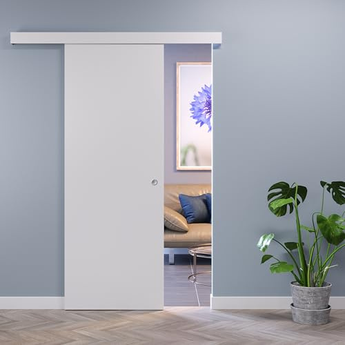 Porte Italiane, Porta Scorrevole Esterno Muro con Mantovana, Senso di Apertura Reversibile, Pronta all'Installazione, 100x210 cm, Bianco