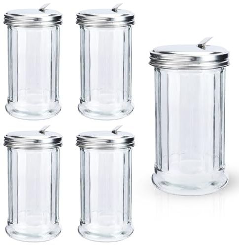 Zoyiancy 5 stycken sockerströare glas med lock, sockerskål med rostfritt stål klaff sockerdispenser med hällare, sockerdispenser för café, bistro, restaurang (350 ml)
