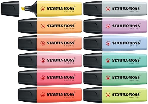 STABILO BOSS ORIGINAL Pastel Highlighters - Pack of 12 - Assorted Colours