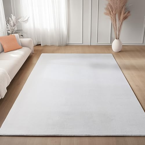 Carpettex Teppich Weiss 140x200 cm- Kurzflor Teppich Waschbar, weich & rutschfest, modern einfarbiges Design für Wohnzimmer, Küche Schlafzimmer, & Kinderzimmer
