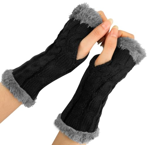Binlava Armstulpen Handschuhe Damen, Winter fingerlose handschuhe Halb mit Plüsch, Armstulpen Damen, Warme Strick Handschuhe, Weich und Dick, für Den Winter Geeignet（Schwarze）
