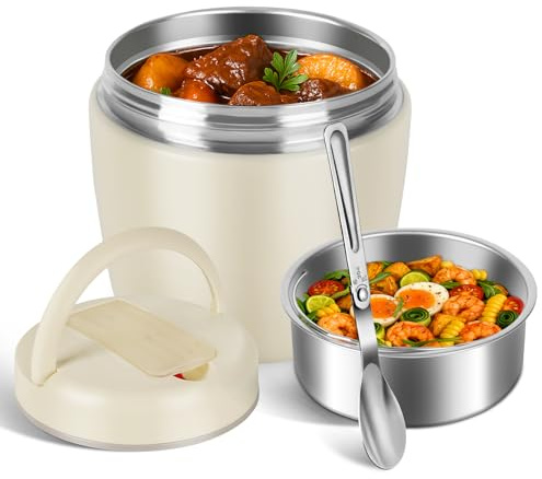 Torven Fiambrera Termica 1200 ml, Termo Comida Caliente, Fiambrera Acero Inoxidable Contenedor Térmico con Cuchara Plegable, para Comidas, Sopas, Purés para bebés y gachas (Beige)