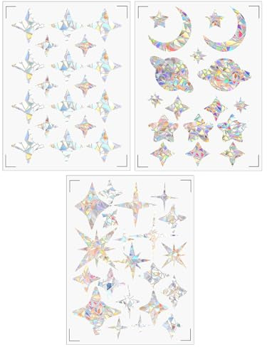 Heclia Lot de 54 autocollants de fenêtre contre les chocs d'oiseaux cercles, étoiles, nuages, anti-collision, arc-en-ciel, pour protéger les oiseaux, pas besoin de colle, autocollants attrape-soleil