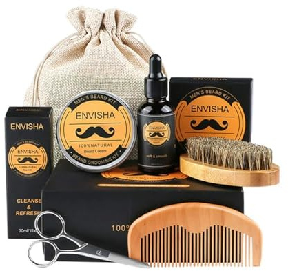 Kit Barbe Homme Complet – Huile à Barbe Hydratante, Baume Nourrissant, Brosse, Peigne en Bois, Ciseaux et Pochette – Coffret Cadeau Soin et Croissance Barbe et Moustache
