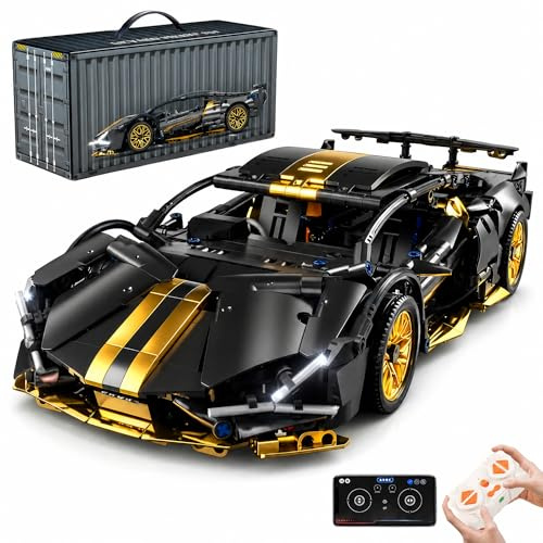 AoreSpty Klemmbausteine Sportwagen Schwarz-Gold 1:14, 790 Teile Ferngesteuertes Auto Bausatz, Öffnende Türen, LED-Beleuchtung, RC Car Erwachsene Sammler Geschenk