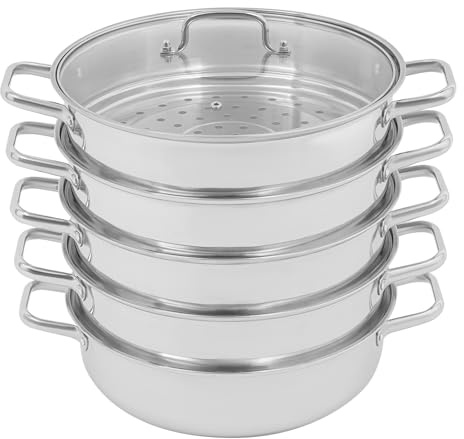 5 våningar ångkokare i rostfritt stål, Ø 32 cm, ångkokare med glaslock, kastrull för induktionshällar, gasspis, silver