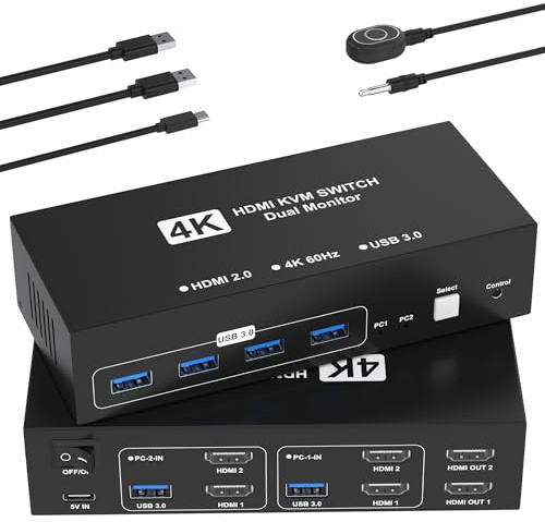HDMI KVM-omkopplare 2 bildskärmar 2 datorer, 4K @ 60 Hz dubbel bildskärm KVM-switchar USB-omkopplare med 4 USB 3.0-portar som delar tangentbordsmusskrivare, datoromkopplare, bildskärmskontakt för 2